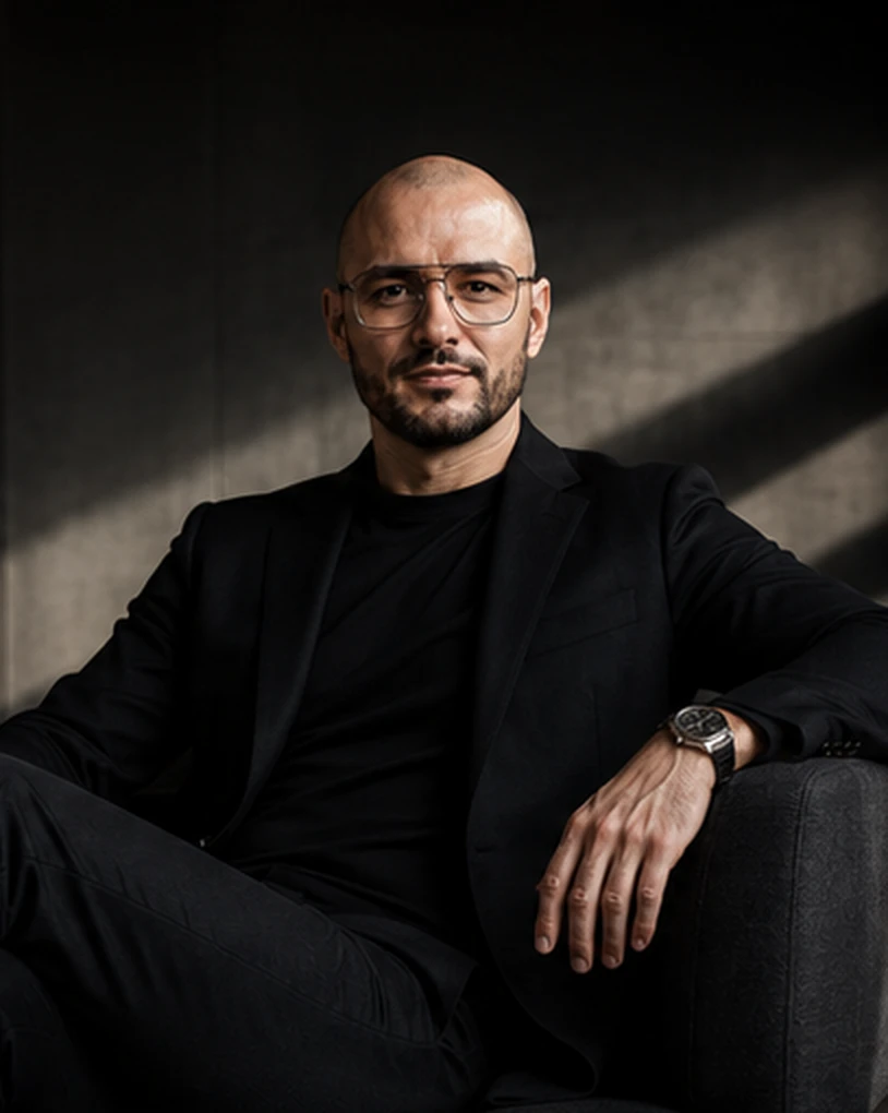 Andy Shock seated at his desk in a dark blazer